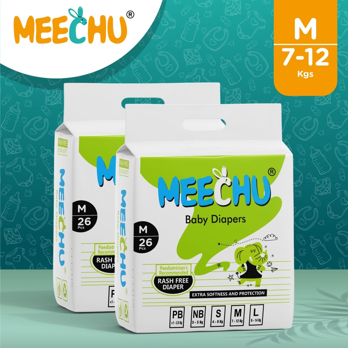 Meechu Medium Baby Diapers(7 - 12kg), Anti - rash| 3D Leak Guard | Magic Grip - Meechu